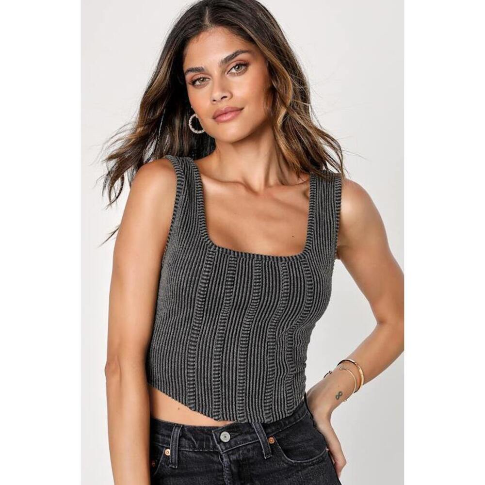 Lulus Flirty Status Charcoal Ribbed Cropped Corset Tank Top Black - Size M